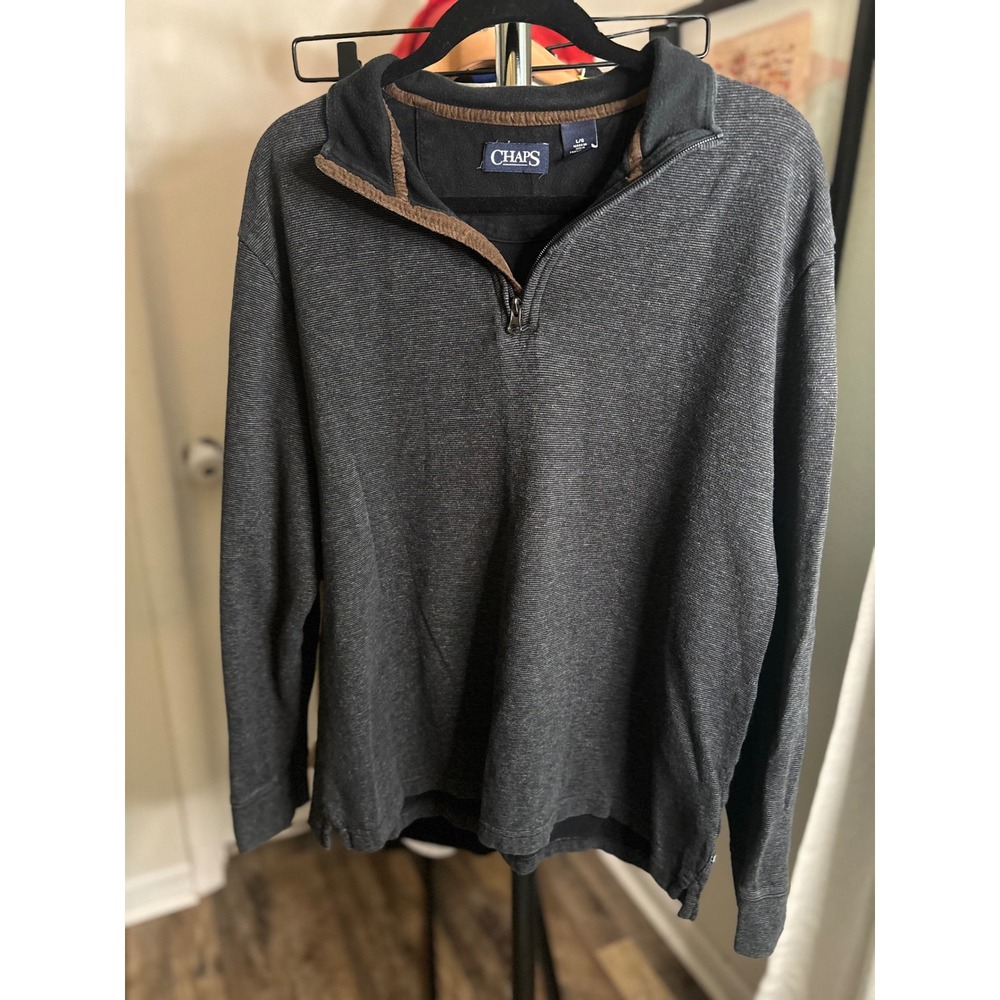 Chaps Mens Quarter Zip Pullover Sweater Charcoal Gray Micro Stripe Cotton Large